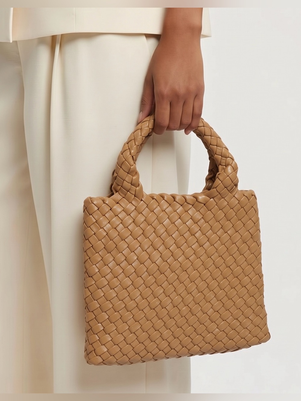 Ladies Small Faux Leather Woven Satchel Tote Top Handle Golden Brown EUC
